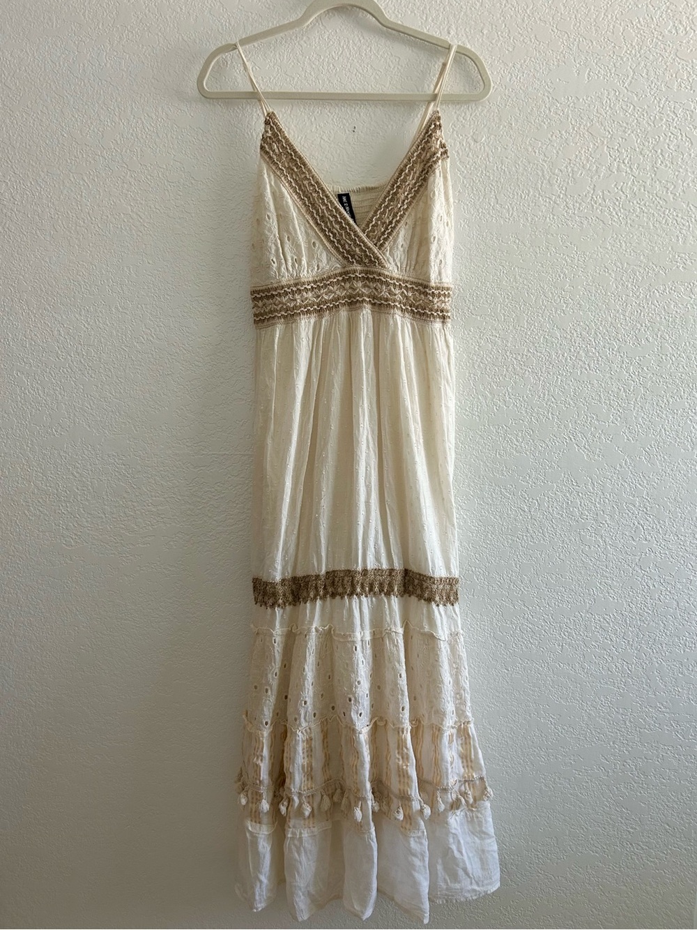 Me 2 Magic Cream White Cotton Boho Hippie Mixed Texture Tiered Eyelet Maxi Dress